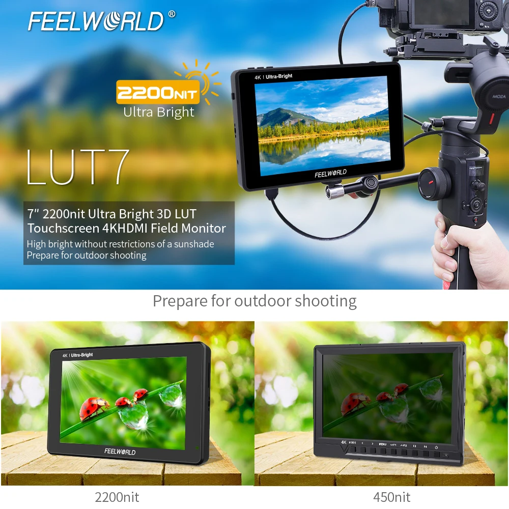 FEELWORLD LUT7 7 inch 2200nits 3D LUT Touch Screen Field Monitor 4K HDMI Full HD 1920x1200 IPS Monitor for DSLR Cameras Video