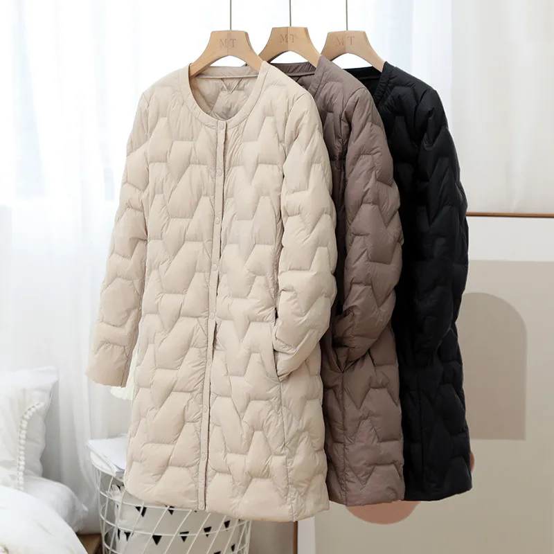 

Autumn Winter Women Down Coat Long Slim Ultra Light White Duck Down Jacket O Neck Puffer Parkas Lady Lightweight Casual Outwears