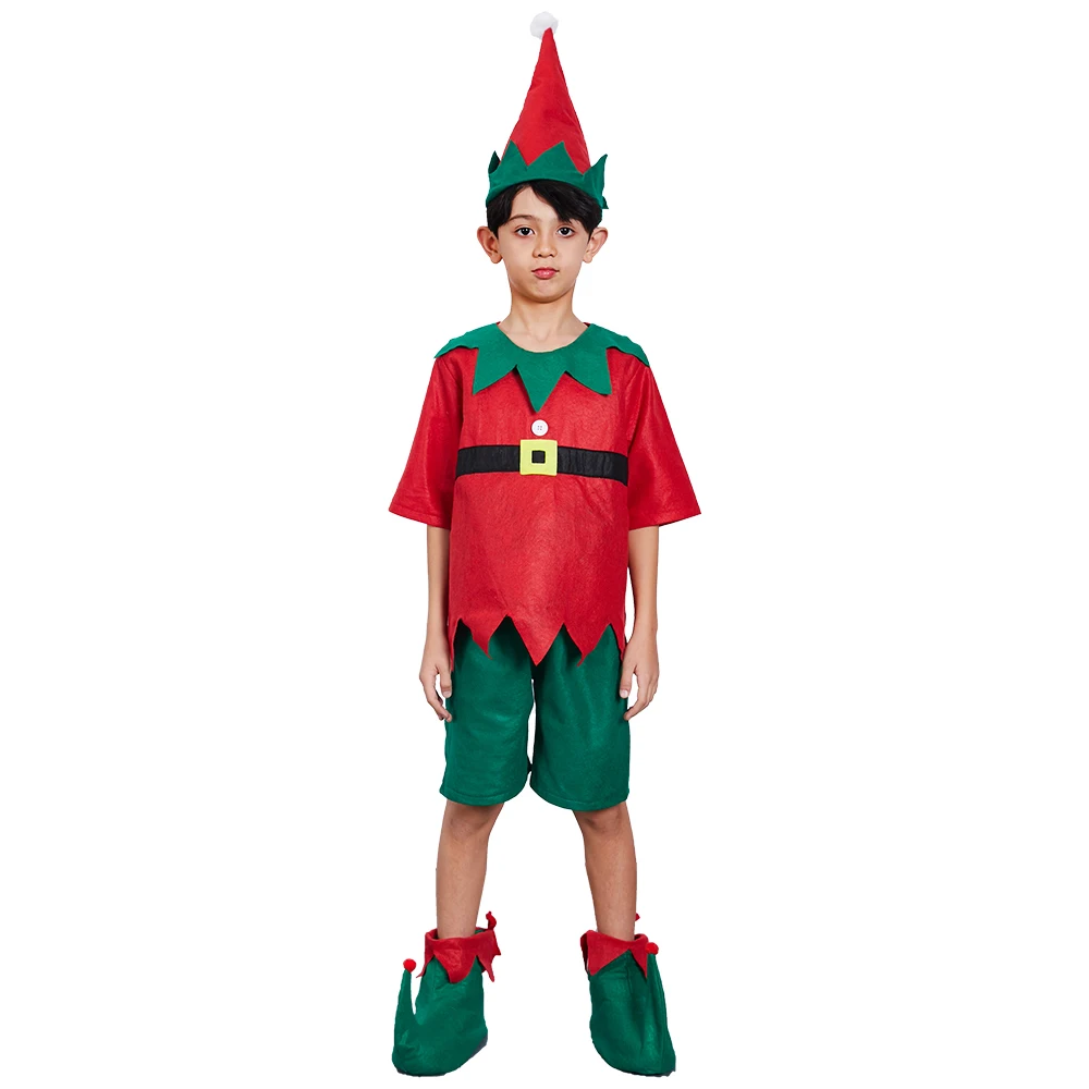 Children Holiday Elf Santa Helper Cosplay Costume Cheap Non-woven Christmas New Year Boys Girls Suits