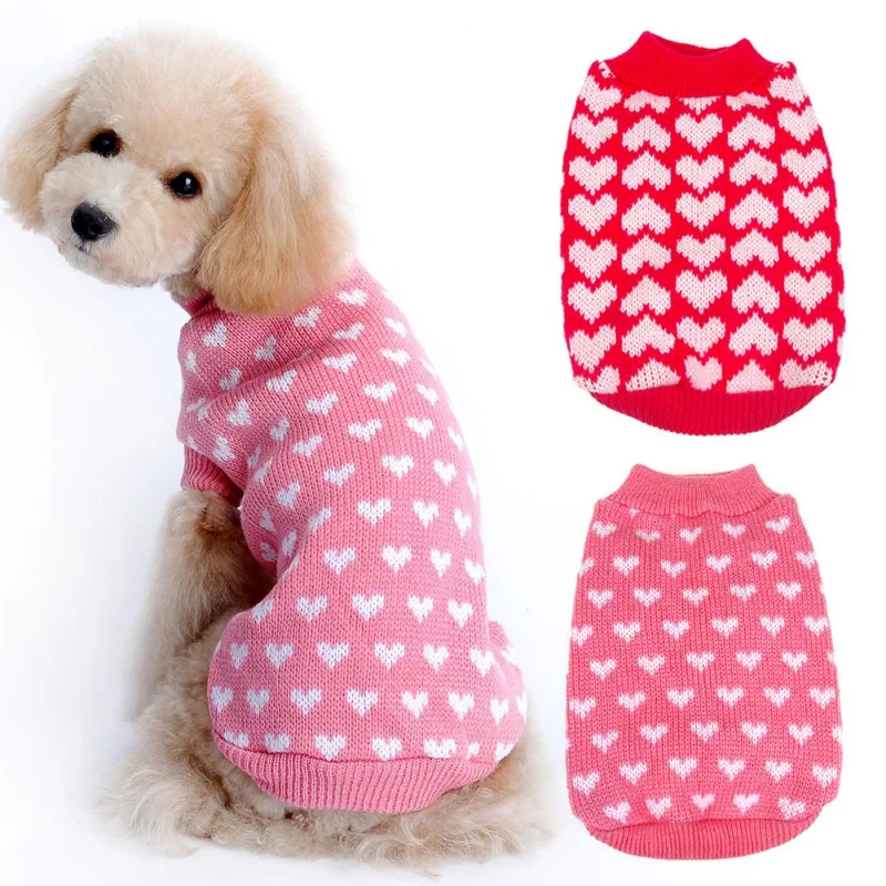 New Pet Knitted Sweater Crochet Cat Puppy Coat Jacket Pink Love Heart Printed Pet Pullover Warm Clothes Dog Pet Clothing