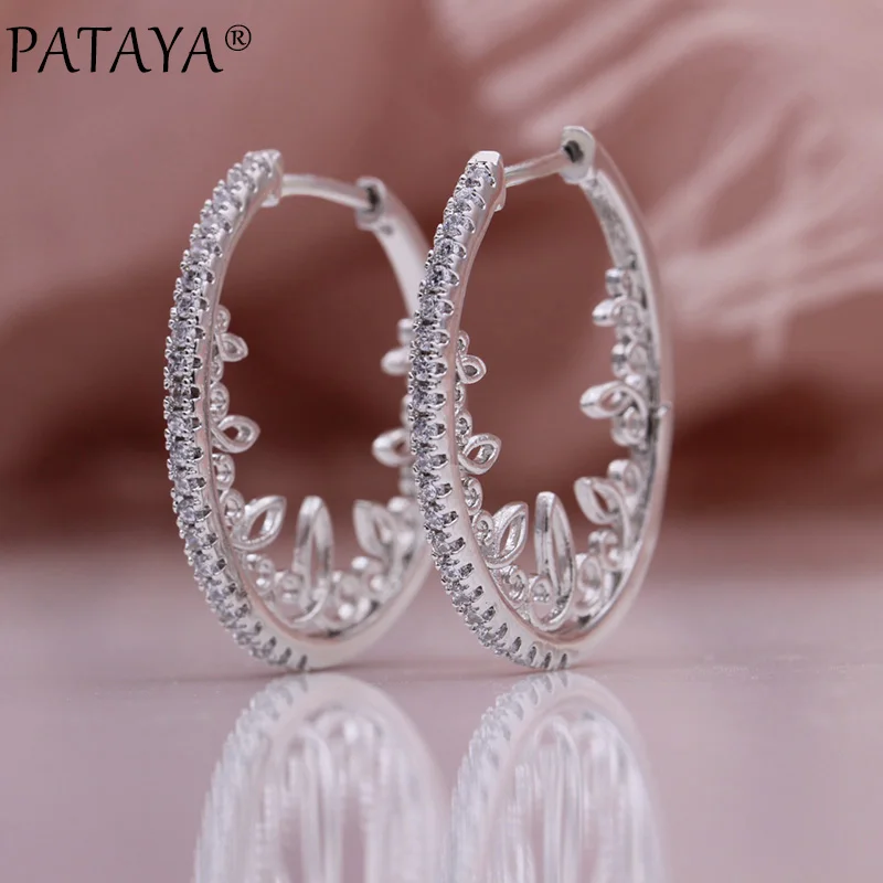 PATAYA New Hollow Lace Circle Drop Earrings 585 Rose Gold Color Women Fine Wedding Earrings White Natural Zircon Fashion Jewelry