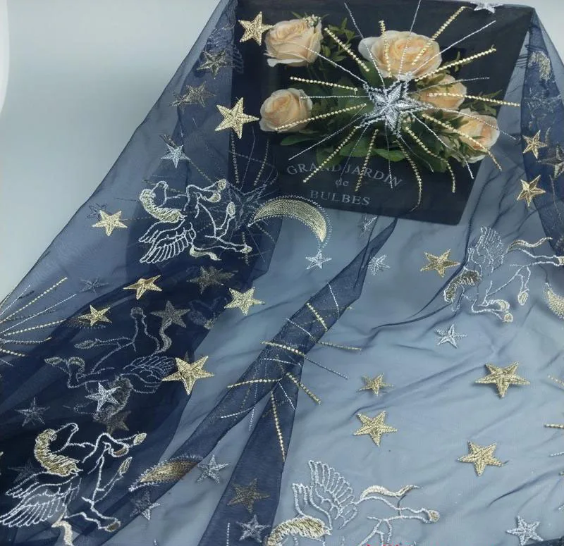 Star Horse Moon With Gold Silver Thread tulle Mesh African French Lace Fabric In Blue/black/white For Bridal Gowns 1yard