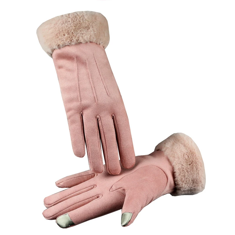 New Winter Suede Gloves Women Touch Screen Leather Glove Female Long Finger Autumn Mittens Fashion Warm Velvet Driving Gloves