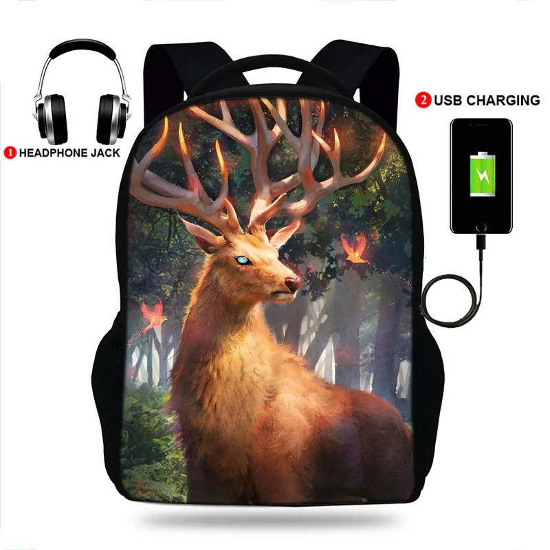 

17inch Animals Deer Backpacks School Bags Usb Charging SchoolBags for Boys orthopedic packbag mochila escolar book Bag