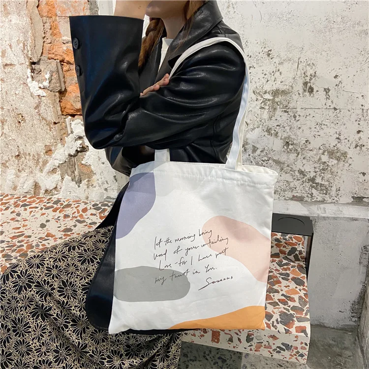 

NEW canvas shoulder bag simple student tote bag fashion casual letter cartoon print large capacity white totes eco friendly bags