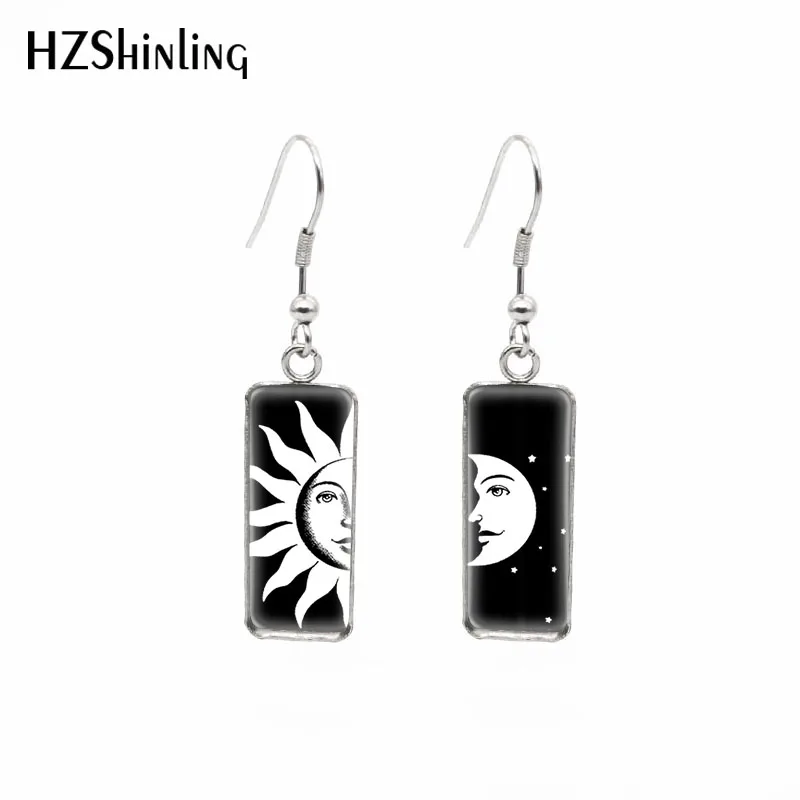 2021 New Sun and Moon Rectangular Earring Day and Night Art Fish Hook Earrings Glass Cabochon Handmade Jewelry