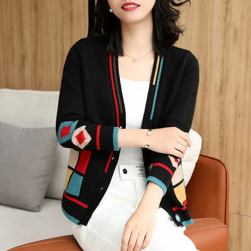 

2021 Autumn New Knitted Cardigan Coat Women's Color Matching Woolen Sweater Loose Winter Sweater V-neck Outerwear