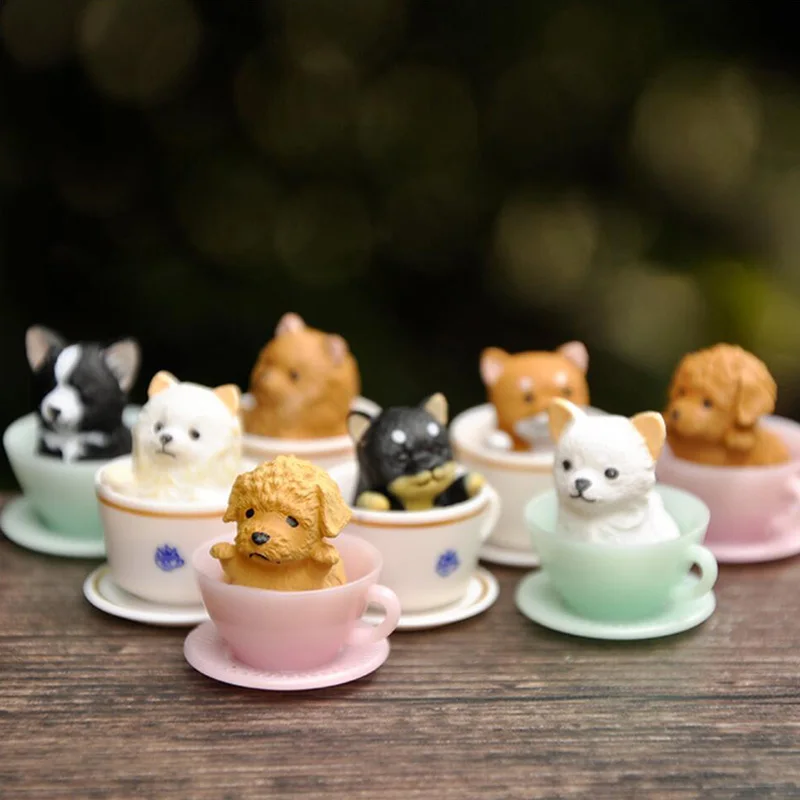 8PCS/Sets Kitten and Puppy in Teacup Decorative Pet Micro Cat Dog Model Garden Desktop Landscape Decoration Toys for Kids Gifts