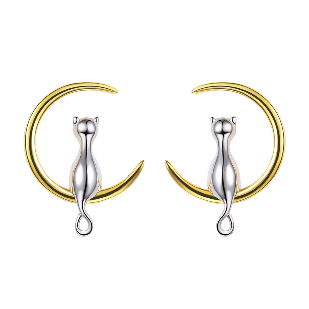 

ChainsPro 925 Sterling Silver Cat On The Moon Stud Earrings For Women Dainty Gift Bridesmaid Gift S925 Stud Earrings E604