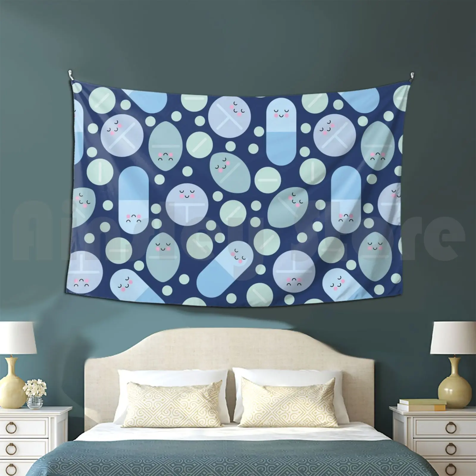 Blue Happy Pills Pattern Customized Tapestry Pill Pills Medication Pharmacy Pharmacist Pharmacy School