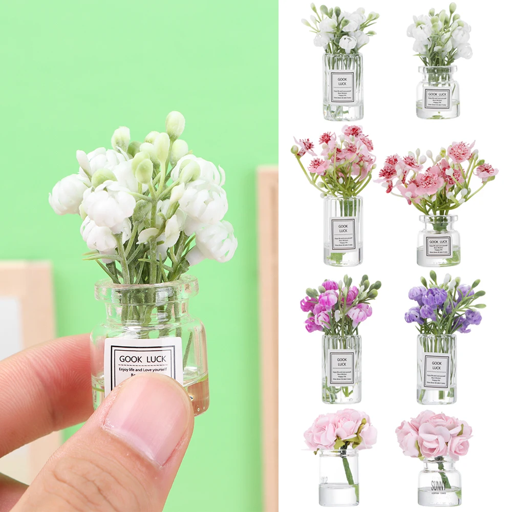 1PC Mini Flower Vase Dollhouse Accessories Simulation Pink Rose White Jasmine 1:12 Scale Mini Floral Arrangement Miniature Model