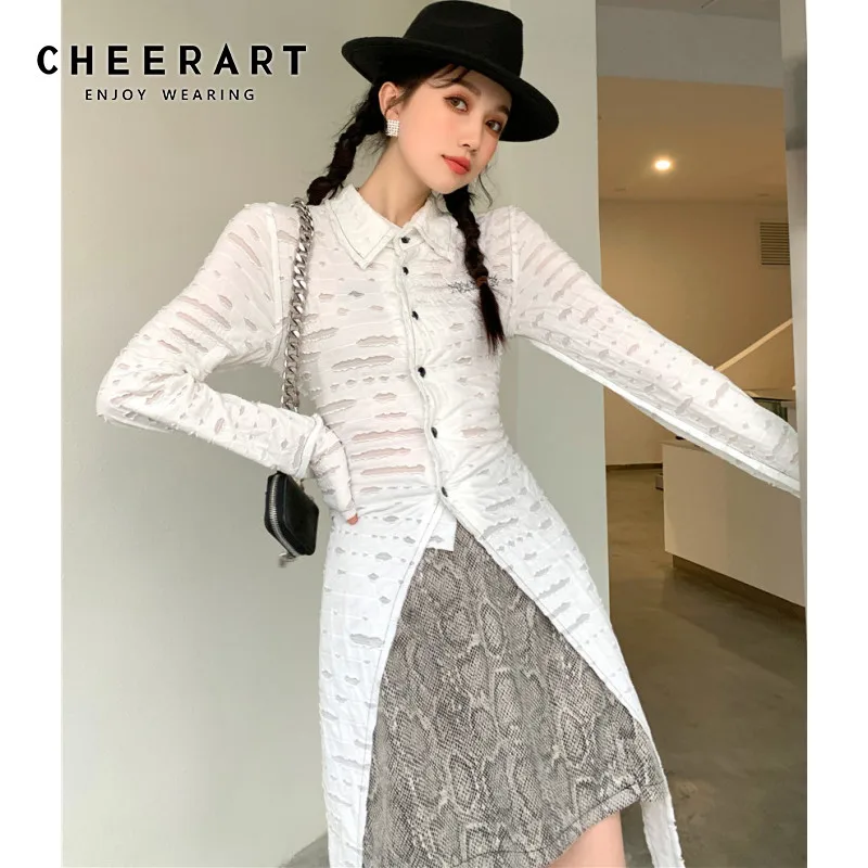 CHEERART 2021 Fashion Long Blouse Women Cotton Long Sleeve Top Embroidered Letter Ripped Designer Asymmetrical Top Spring