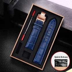 Leather Watchband Black Blue Cowhide Strap Butterfly Buckle Fits All Brands of Watches Men Women 12/14/15/16/18/19/20/22/23mm