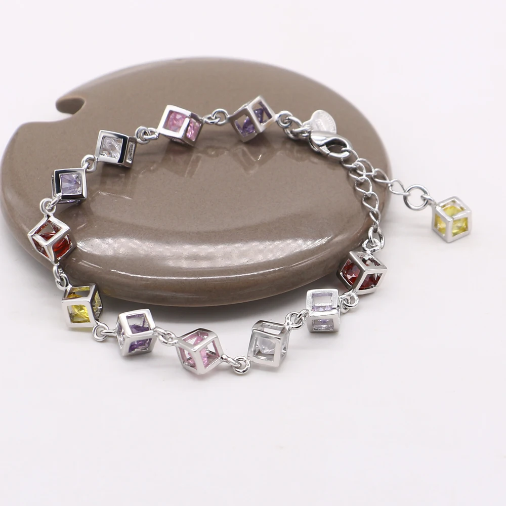 Unisex 925 Sterling Silver Cubic Zirconia Link Chain Bracelet for Women Brilliant Sparkling Zircon Bracelet Jewelry Accessory