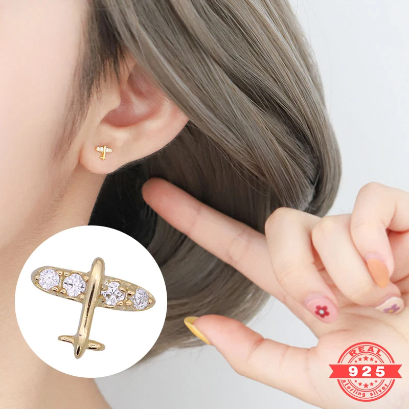 925 Sterling Silver Plated 14K Gold Fashion Aircraft Creative Stud Earrings Light Luxury Ladies Valentine's Day Jewelry RD010