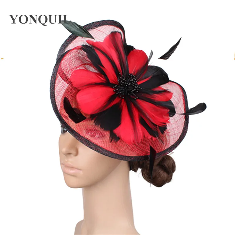 

Red Sinamay Wedding Headwear For Women Fasciantor Hats Wedding Hair Accessories Headband Church Party Club Headpiece Feathers