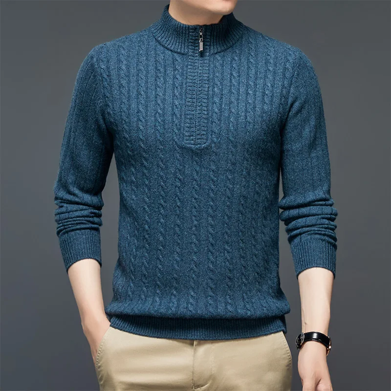 

New 2021 Men's Cashmere Zipper Sweaters Winter & Autumn 100% Wool Knitwear Male Long Sleeve Twisted Pure Wool Jumpers Zipper Up