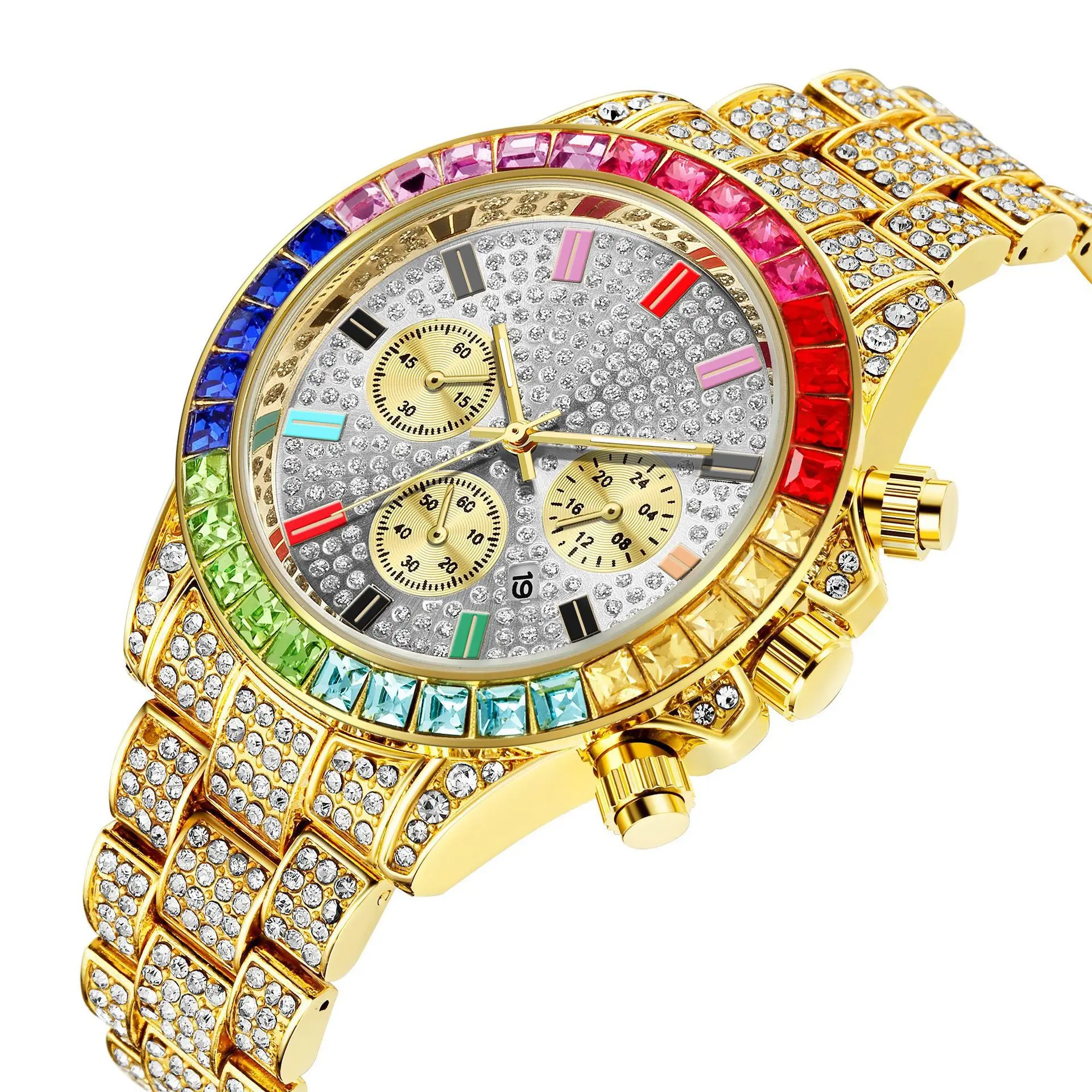 Colorful Diamond Watch Top Brand for Men Luxury Iced Out Gold Watch Hip Hop Quartz Wristwatch Relogio Masculino Mens Watch Reloj