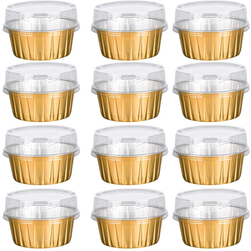 Dessert Cups with Lids, Gold Aluminum Foil Baking Cups Holders, Cupcake Bake Utility Ramekin Clear Pudding Cups