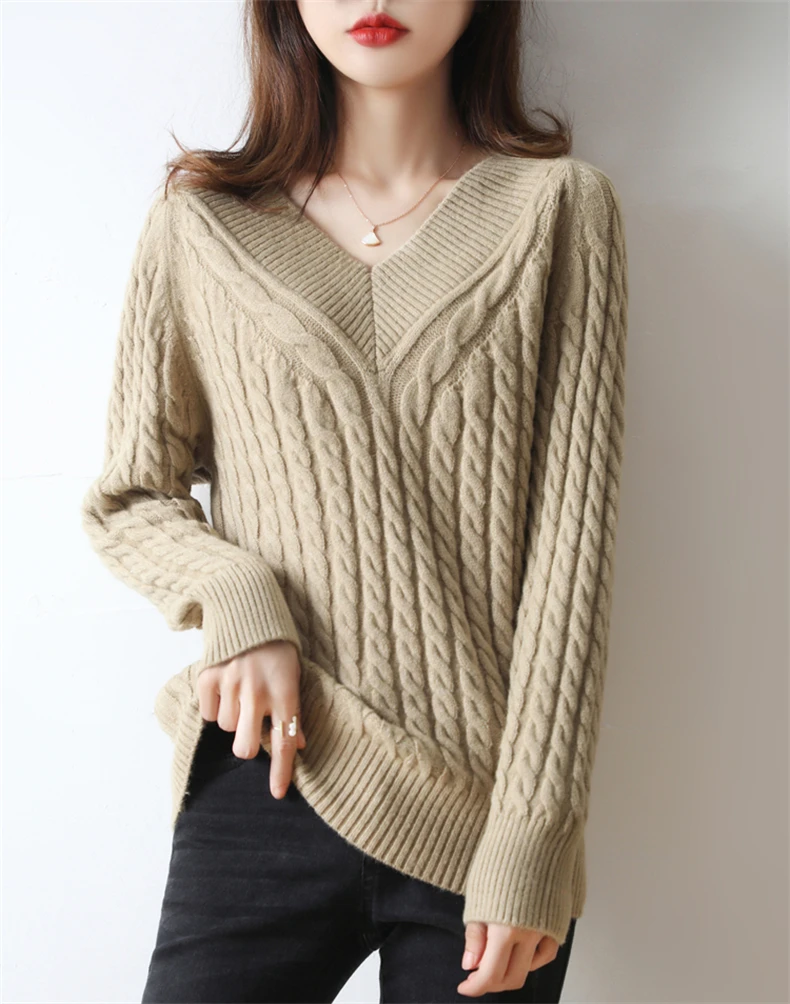 Cashmere sweater women V-Neck sweater pure color knitted turtleneck pullover  loose large size sweater women