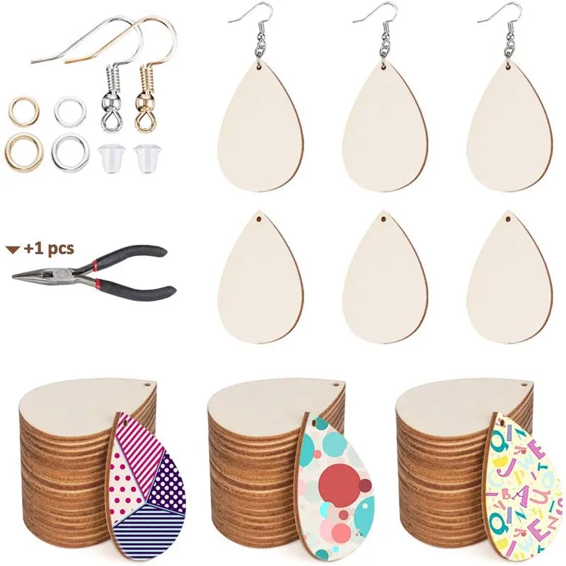 20pcs Teardrop Pendants Unfinished Wooden Earring Jewelry Making Supplies Kit for DIY Craft