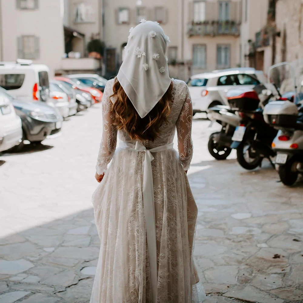 Vestido de boda de encaje de manga larga transparente, corte en A, personalizado, cuello de barco, banda rústica de talla grande, traje nupcial de playa romántico de jardín