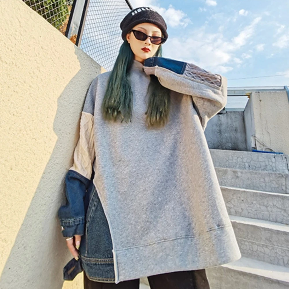 

New Women Casual Tutle Neck Long-sleeved Pullover Female Patchwork Denim Gray Sweatshirts Tops Plus Size