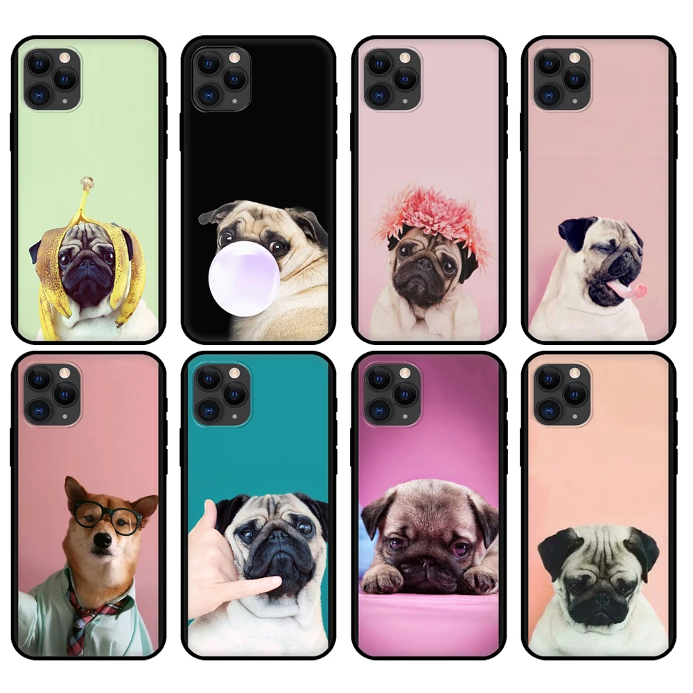 Black tpu case for iphone 5 5s se 2020 6 6s 7 8 plus x 10 XR XS 11 12 mini pro MAX back cover Cute Pug Dog DIY