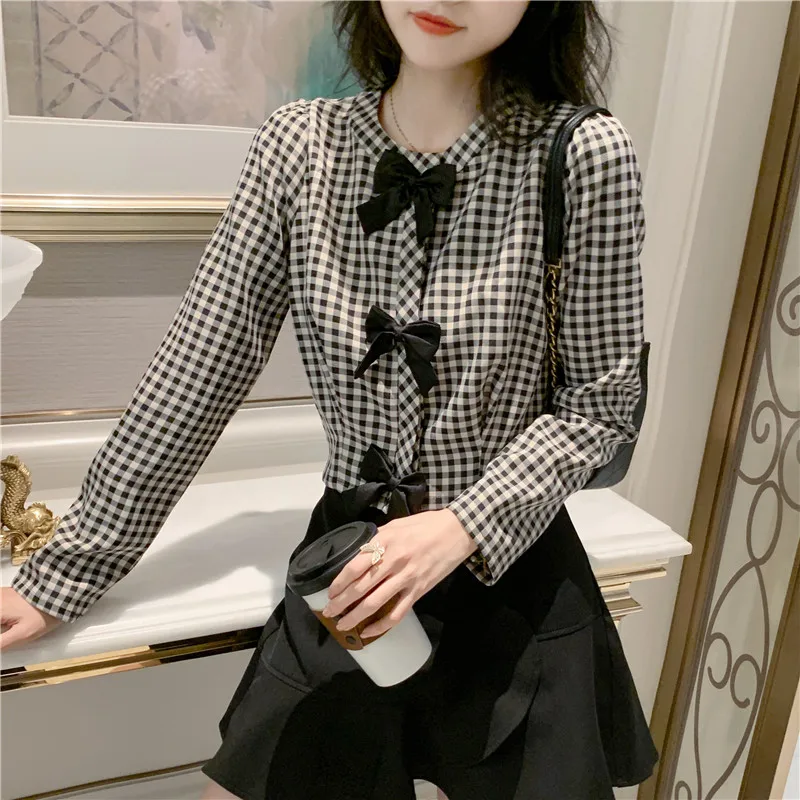 Blouses Women Short Plaid Pattern Bowknot Tops Female's Long-sleeved Shirt 2020 New Autumn Winter Blouse for Femme Blusa Mujer