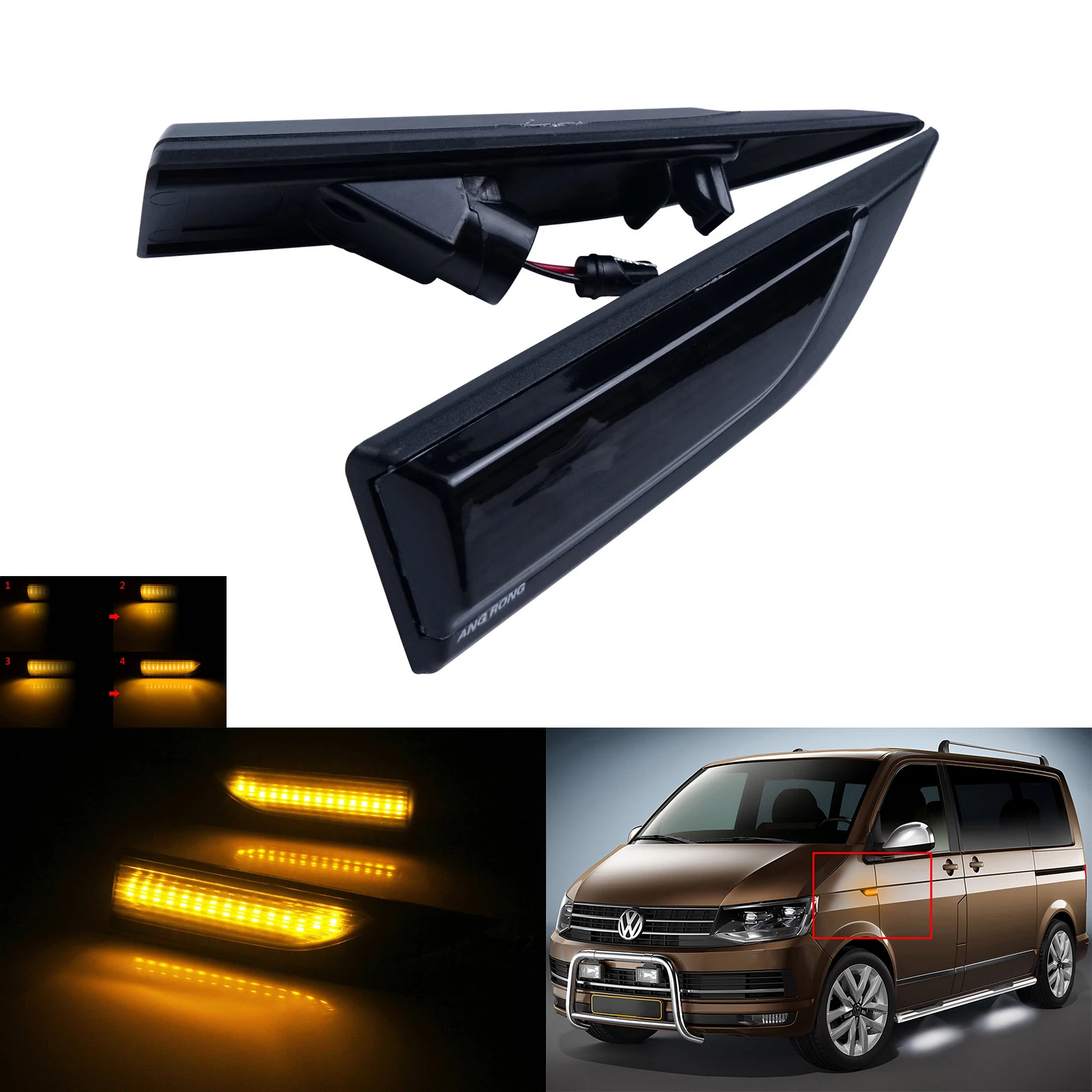 ANGRONG 2x Dynamic Amber LED Side Marker Repeater Indicator Light For VW T6 Transporter Caravelle 2015-2019