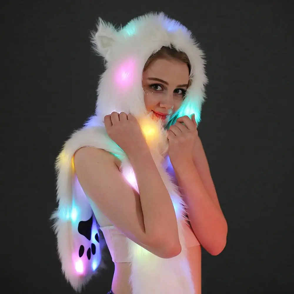 Women LED Hat Scarf Creative Multi-color LED Light Up Faux Fur Animal Ears Hood Hat with Scarf for Festival Glow Party navidad