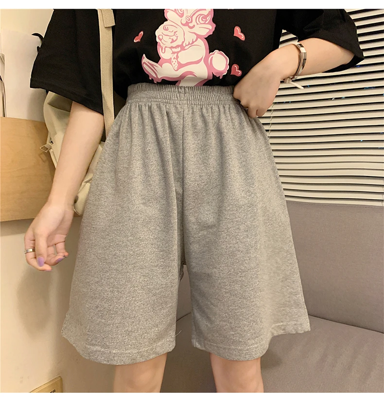 2021 Summer Shorts Women Elasticity Lovely Girls Korean Style Sweet Students Harajuku Simple Pure Gray Oversize Trousers Female