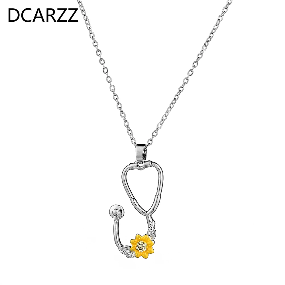 DCARZZ Stethoscope Sunflower Pendant Necklace Stainless Steel Rhinestone  Necklace Medical Jewelry for Doctor/Nurse Women Gift