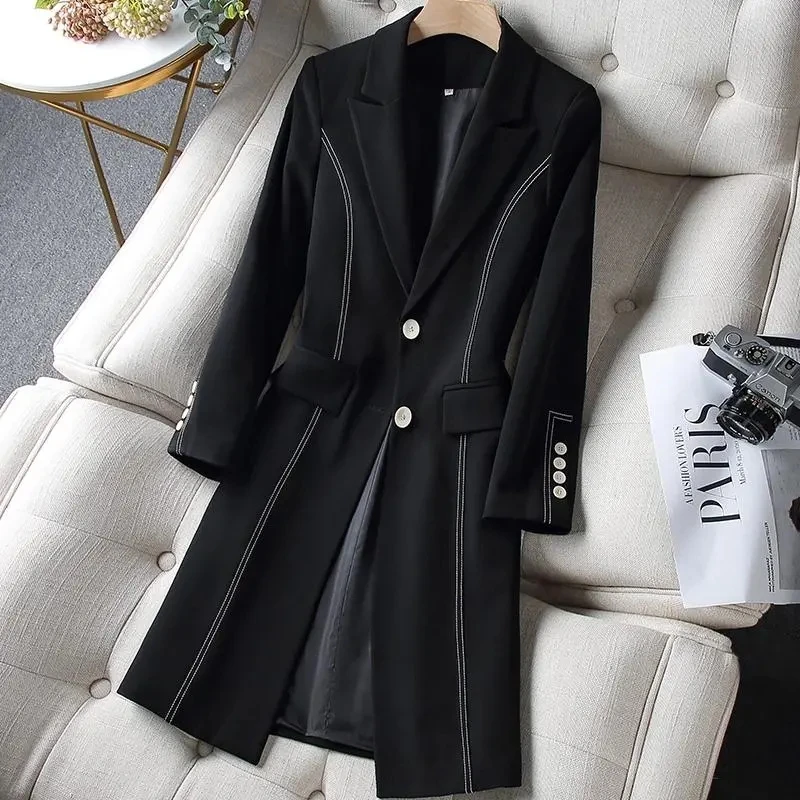 

Office Lady Mid Length Slim Waist Blazer Spring Autumn Fashion Casual Women V-Neck Single Breasted Suit Jacket High Quality Coat