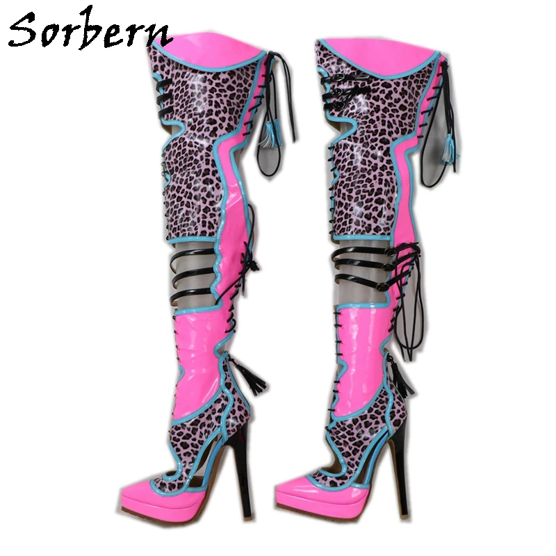 

Sorbern Customized Cro Thigh Boots Women Pointed Toe Platform High Heel Stilettos Leopard Shiny Hot Pink Fetish Shoes Lace Up