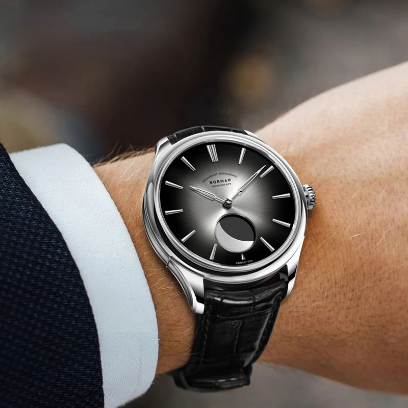 بورمان العلامة التجارية الفاخرة ساعة رجالي احتياطي الطاقة 80 ساعة التقويم التلقائي ساعة ميكانيكية الياقوت الزجاج مقاوم للماء 50 متر ساعة
