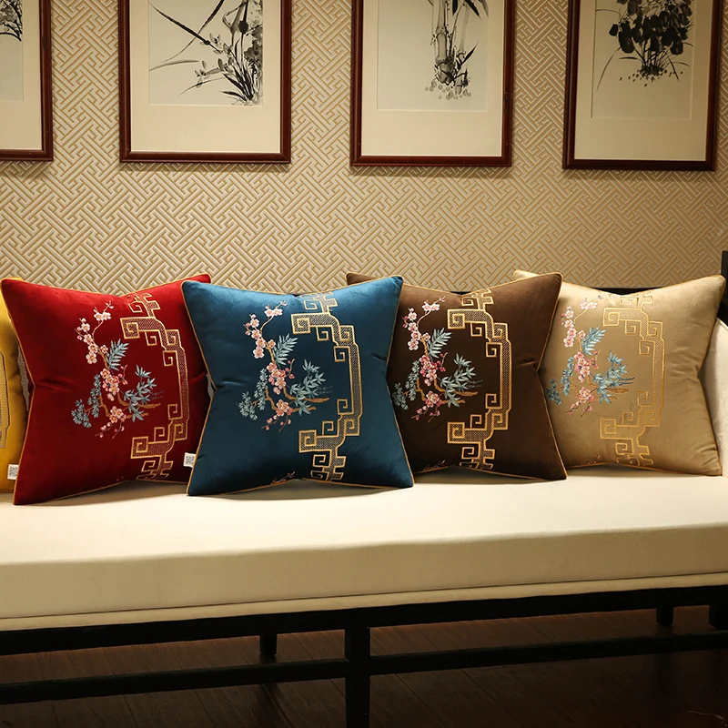 

Embroidered Plum Blossom Sofa Cushion Cover Flower Chinese Style Pillow Cover Pure Color Red Yellow Pillow Cases Home Decoration