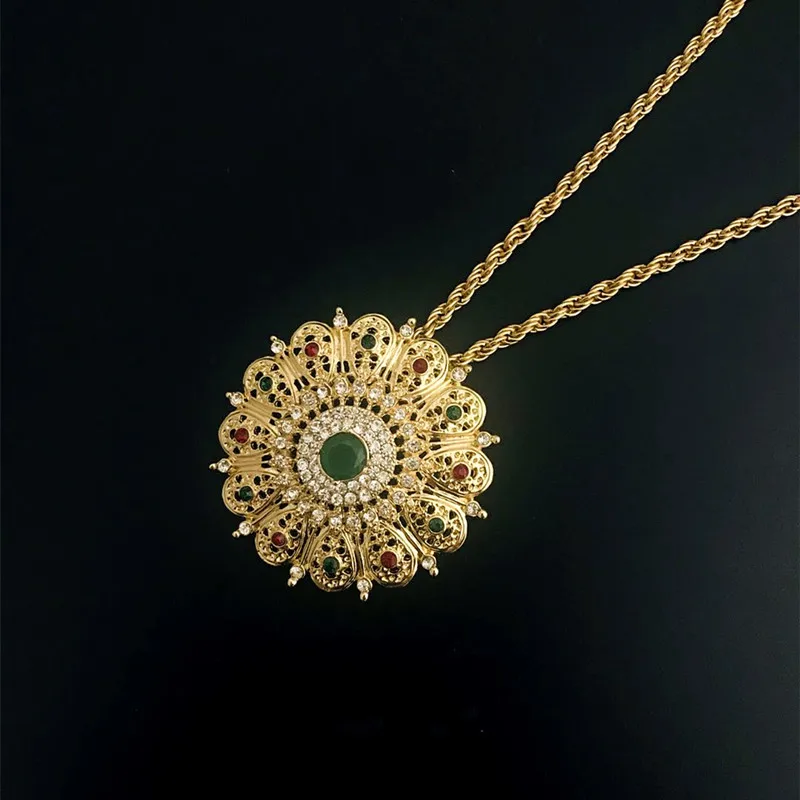 Fashion Jewelry Gold Color Long Pendant Necklace for Women Ethnic Wedding Gift Morocco Caftan Metal Flower Accessory