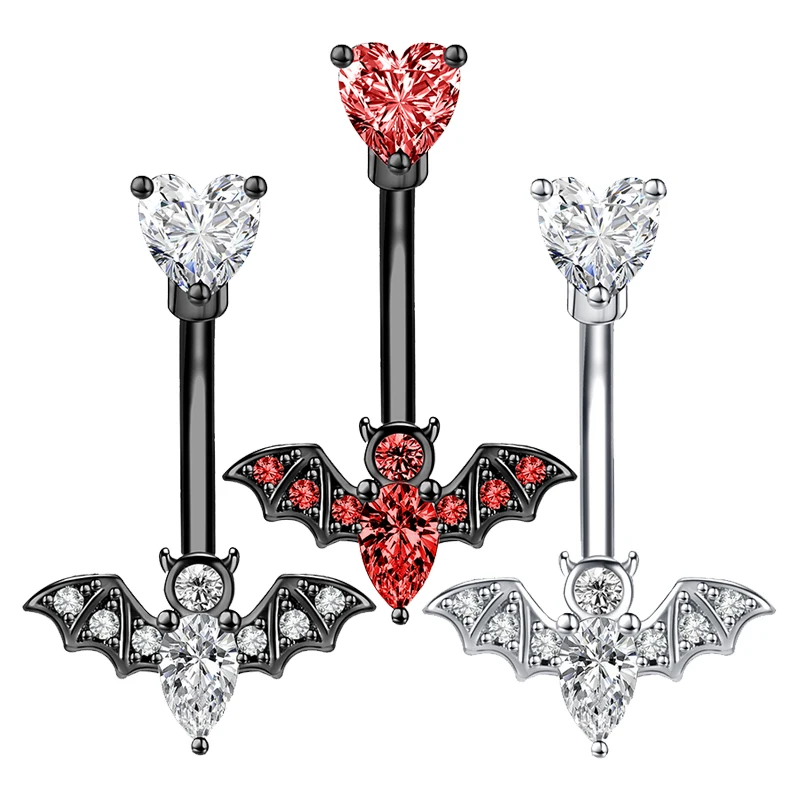 ZS 14G Bat Belly Button Ring Crystal Bat Navel Piercing Black Plated Body Piercing  Red Zircon Bat Belly Piercing Jewelry Women