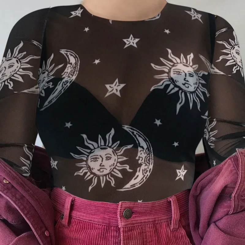 2024 Women Sexy Harajuku Mesh Tops Long Sleeve See Through T Shirt Transparent Sun Moon Star Print T-shirt Femininas