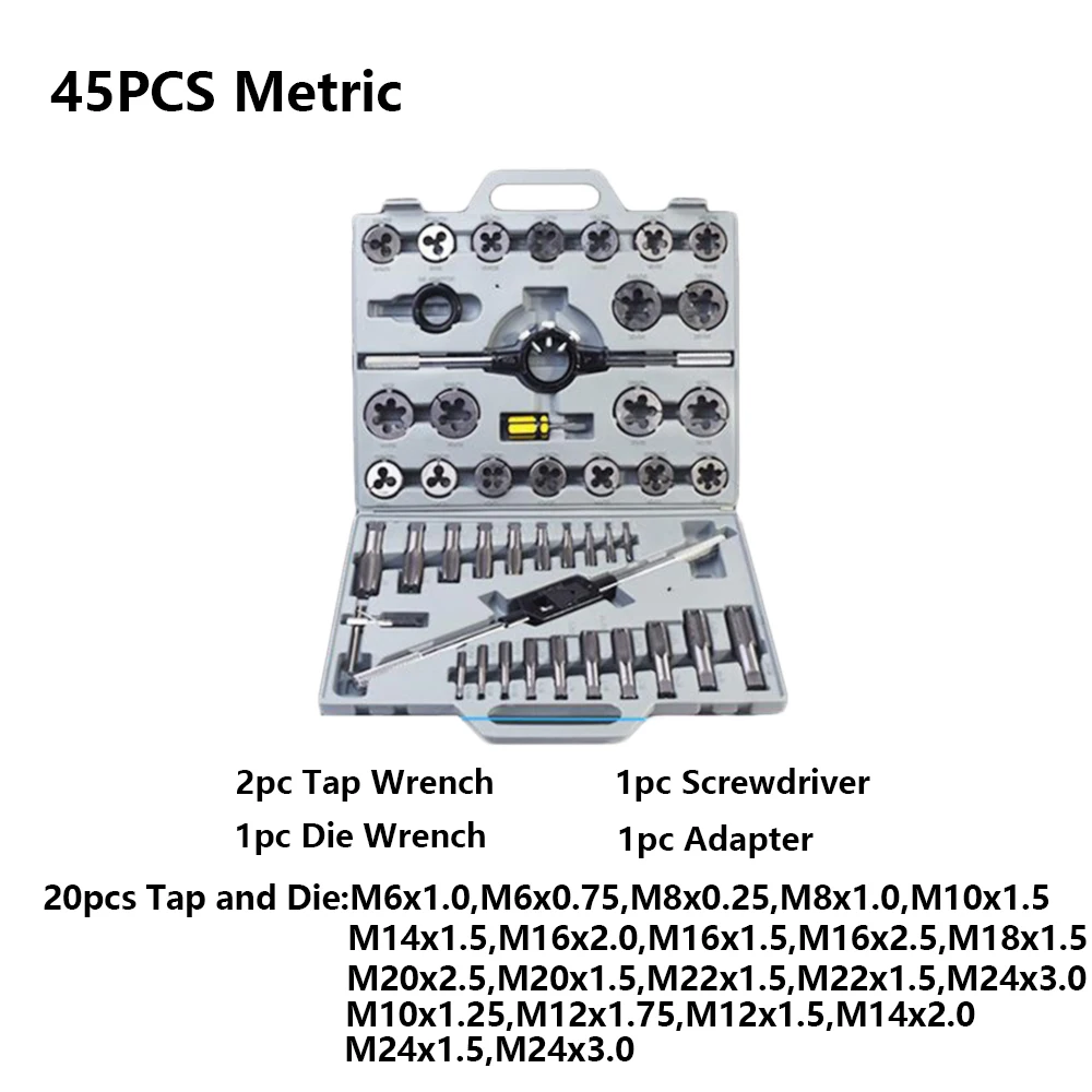 

Tap and Die Set 45/110pcs Metric/Imperial Thread Taps Alloy Steel For Metalworking Hand Tools Screw Tap Thread Tap and Die