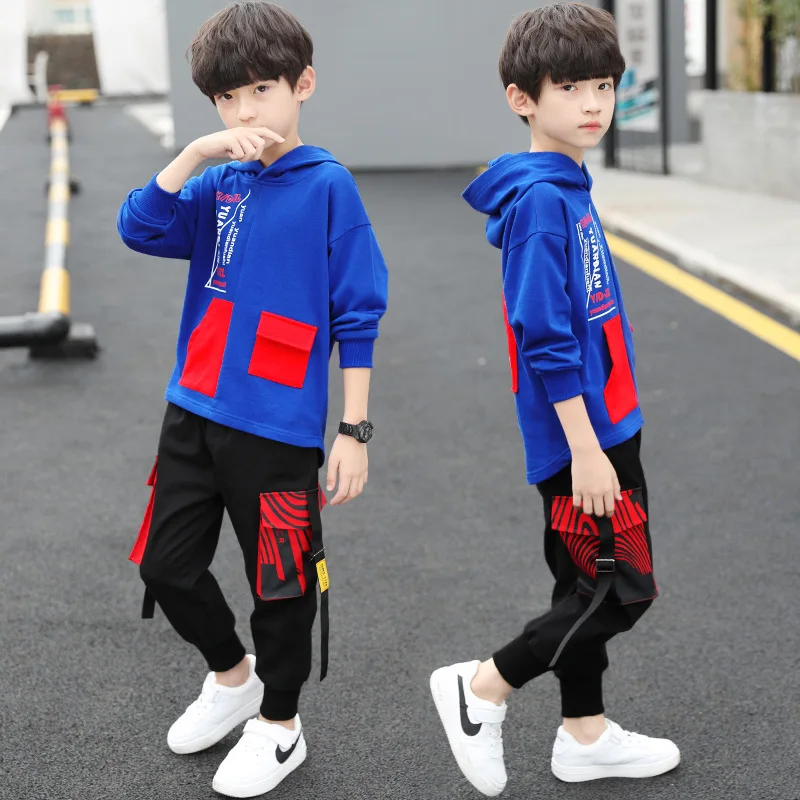 Hooded Red Spring Summer Children\'s Clothes Suit Baby Boys Sweatshirts + Pants 2pcs/Set Teenage Top Sport Costume For Kids Stree