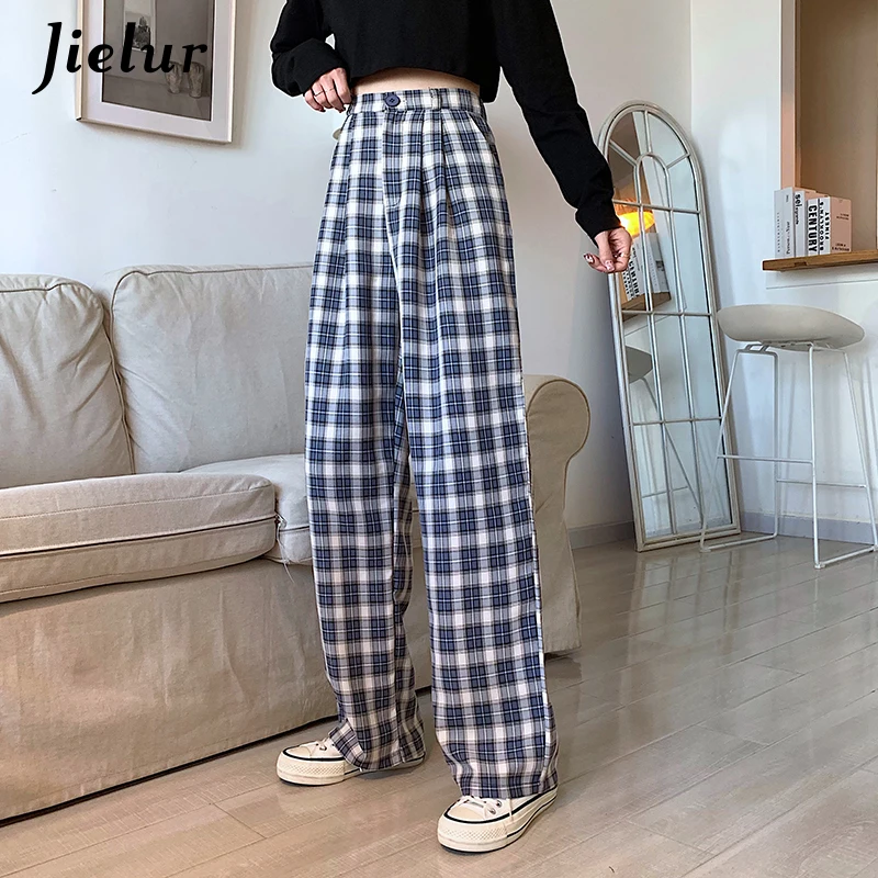 Jielur-Pantalones coreanos de cintura alta para mujer, pantalón informal Retro a cuadros, holgado, de S-L, color negro y azul