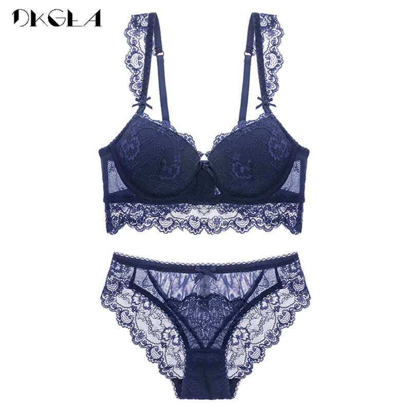 Super Gather Bras Women Underwear Set Cotton Blue Sexy Bra Set Push Up Thick Brassiere Lace Embroidery Lingerie Set A B C Cup