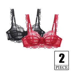 2 Pieces Transparent Women Bra Top Lingerie Sexy Plus Size C D E Ultra Thin Push Up Brassiere Lace Underwear Bras For Girl Black