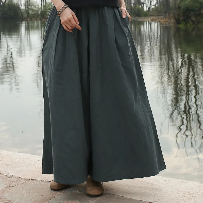 Mùa Xuân Và Mùa Thu Vải Lanh Cotton Quần Văn Học Quần Ống Rộng Phong Cách Dân Tộc Quần Culottes Cho Nữ