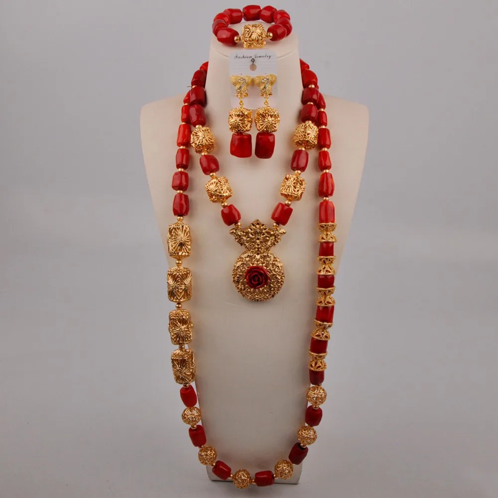 Fashion Wedding Accessories Red Natural Coral Necklace Female Nigeria Wedding Beads African Bride Wedding Jewelry Set AU-448