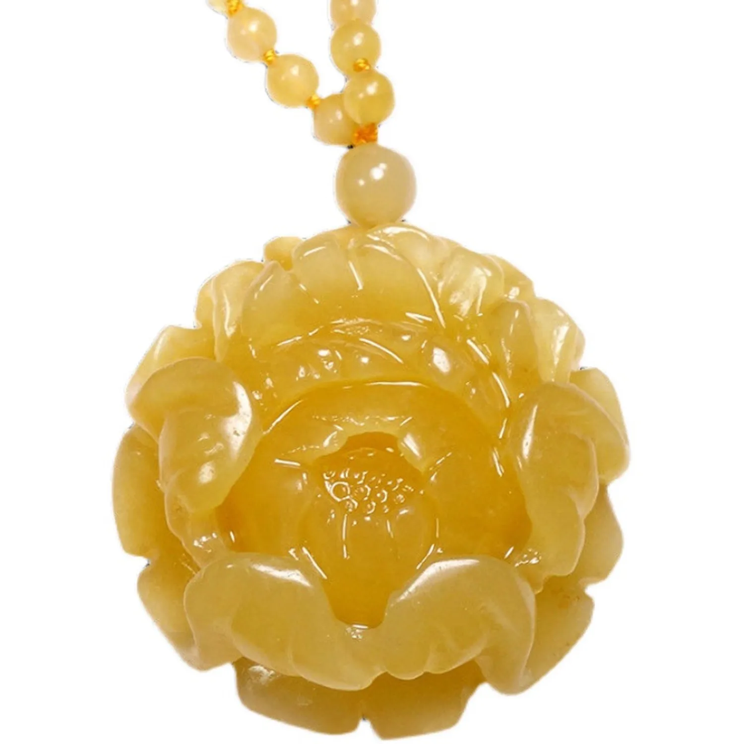 

Natural yellow Jade Peony Sweater Chain Handmade Flower Ladies Necklace for Woman