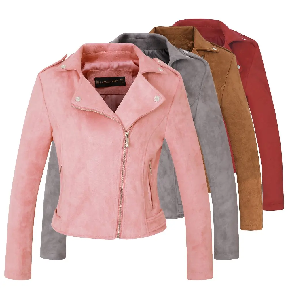 Mooie Nieuwe Elegante Herfst Winter Rits Basic Suède Jas Jas Motorjas Vrouwen Uitloper Roze Slanke Korte Winter Jassen