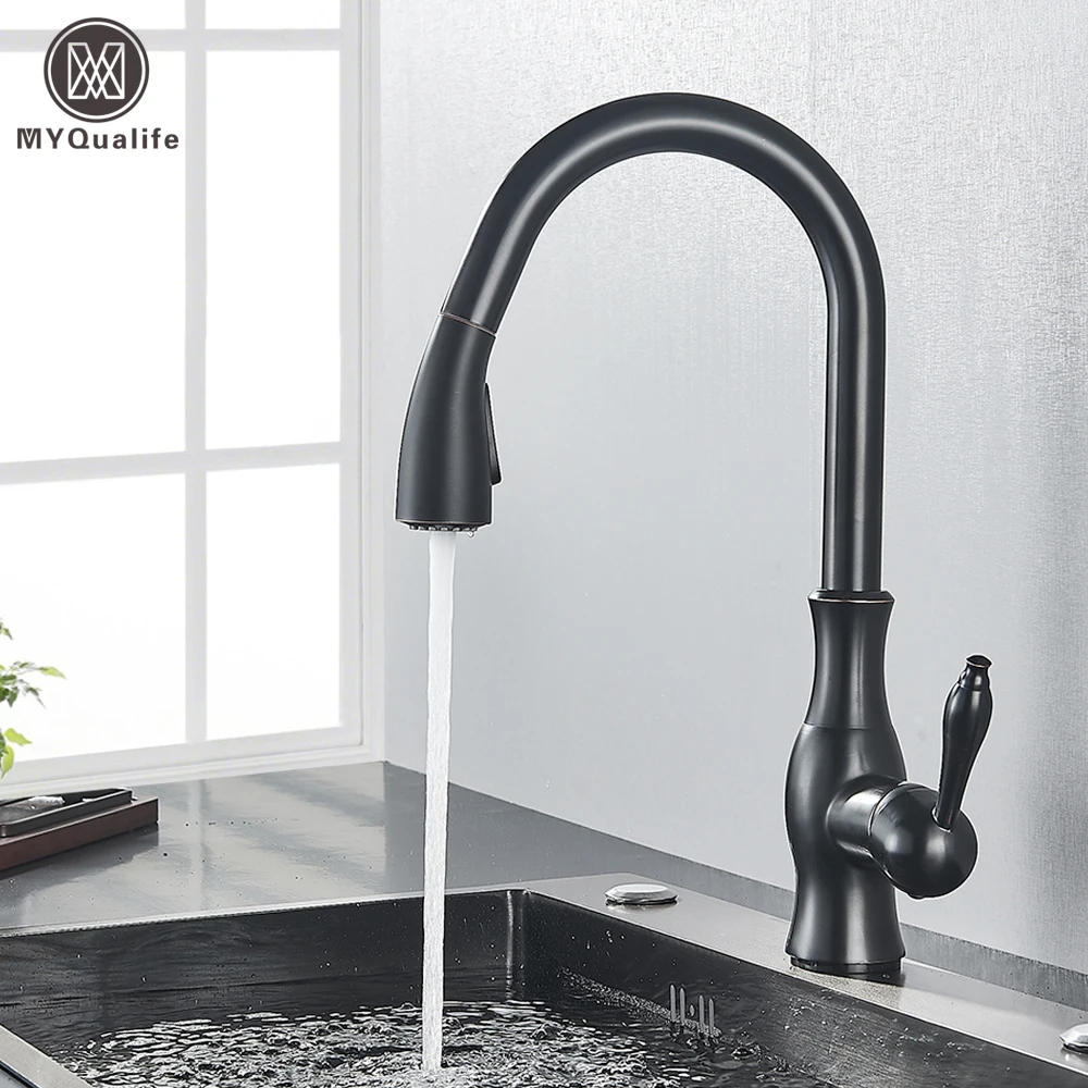 MYQualife Black Pull Out Kitchen Faucet 360 Rotation Single Handle Hot&Cold Mixer For Kitchen Sink Tap Crane Shower Faucet